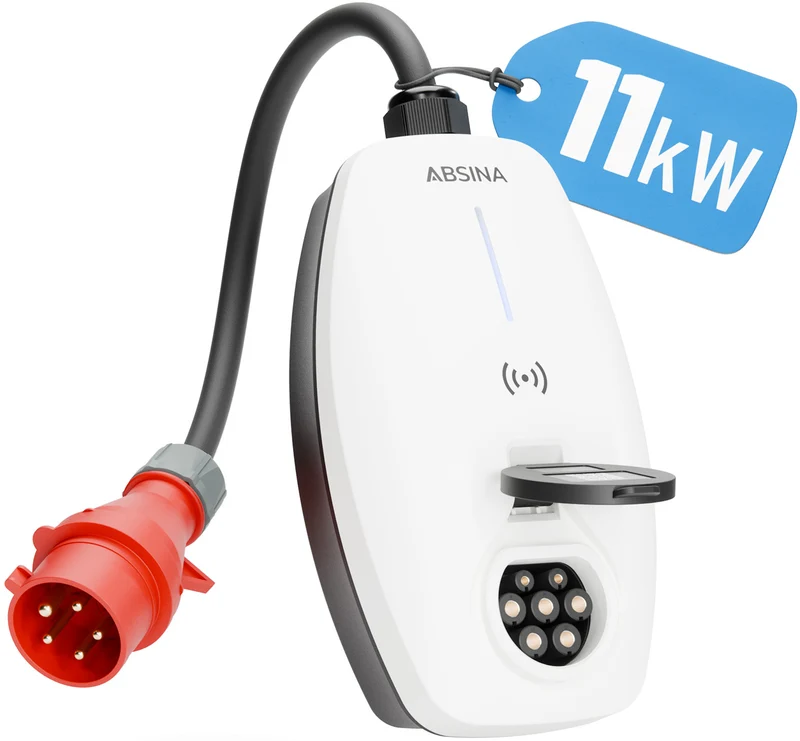 Absina Wallbox Mode3 CEE Eingangskabel 0,6m / Typ2 Ausgang 11KW 8-16A, mit APP Steuerung und APP Anzeige wie Ladespannung, Ladeleistung und Ladezeit
