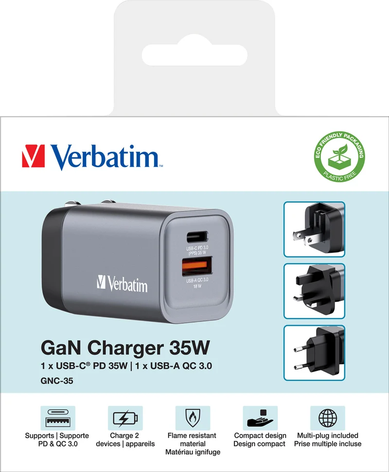 Verbatim Ladeadapter, Universal, GNC-35, GaN, 35W, grau 1x USB-A QC, 1x USB-C PD, Retail
