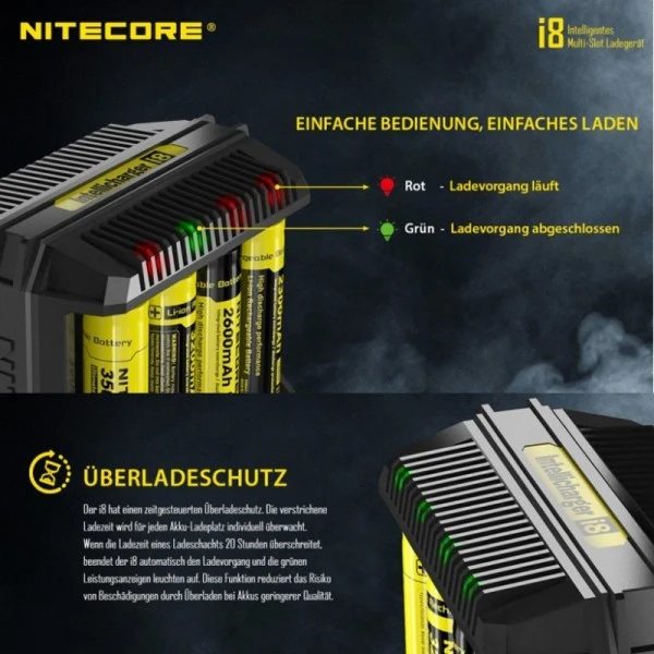 Nitecore 8fach Schnell-Ladegerät lädt 1 bis 8 Stück Li-Ion, LiFePO4, NiMH Akku 18650, AAA, AA